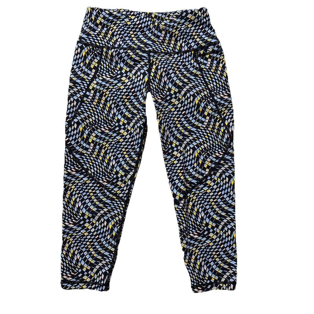 Sweaty Betty Women's Power Crop Legging Blue Yellow Geometric Size 6